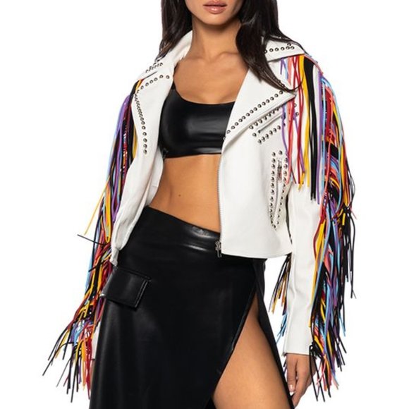 Miz God's Promise: Rainbow Fringe Studded Moto Jacket L XL - Picture 5 of 7